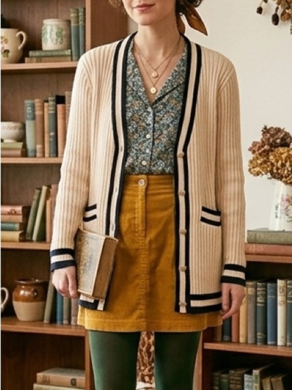 Cabi Varsity Cardigan 5458 Navy Striped Ribbed Cotton Sweater Gold Button XS